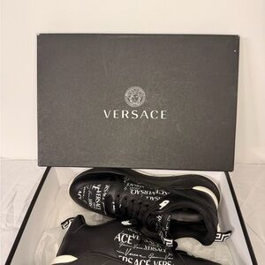 Versace Black Logo Print Leather & Textile Sneakers Men’s